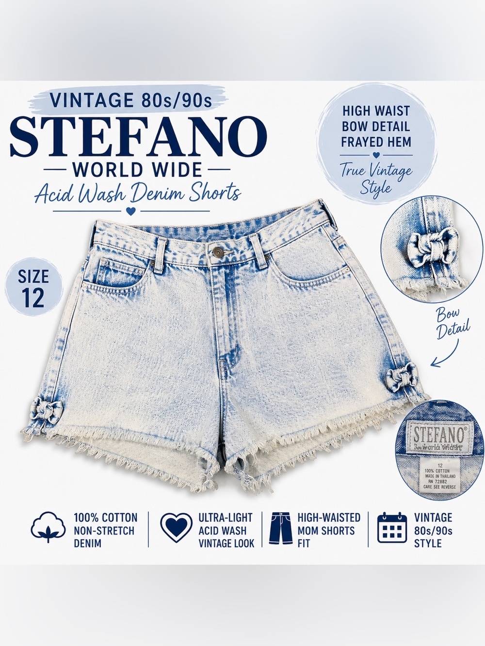 Vintage Stefano World Wide Acid Wash Denim Shorts Size 12 High Waist Bow Jorts